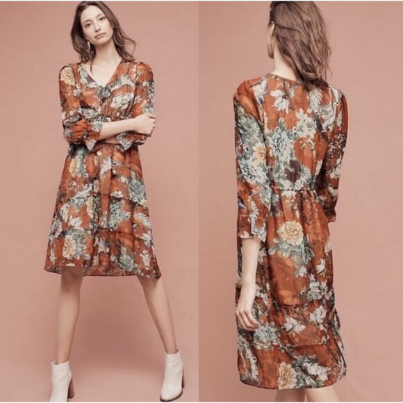 Hemant & Nandita Anthropologie Zeri Floral Tiered Ruffle Midi Dress Women's 2 - Picture 1 of 6